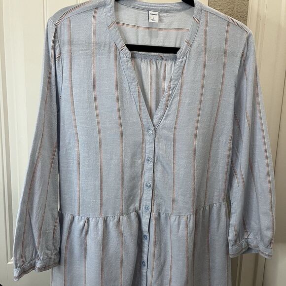 Old Navy Striped Light Blue Button Up Linen Blend Dress Coastal Beachy Womens L - Picture 2 of 11